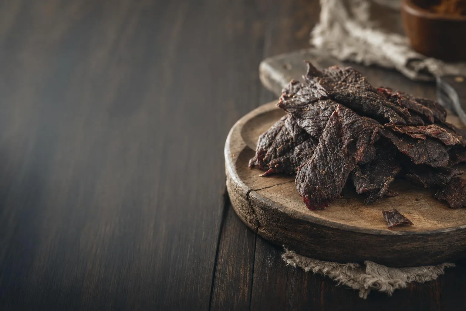 A hand-packed bag of Ember & Oak Jerky on a rustic board